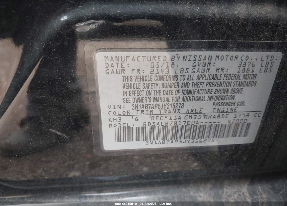 2018 NISSAN SENTRA S VIN: 3N1AB7AP5JY316278