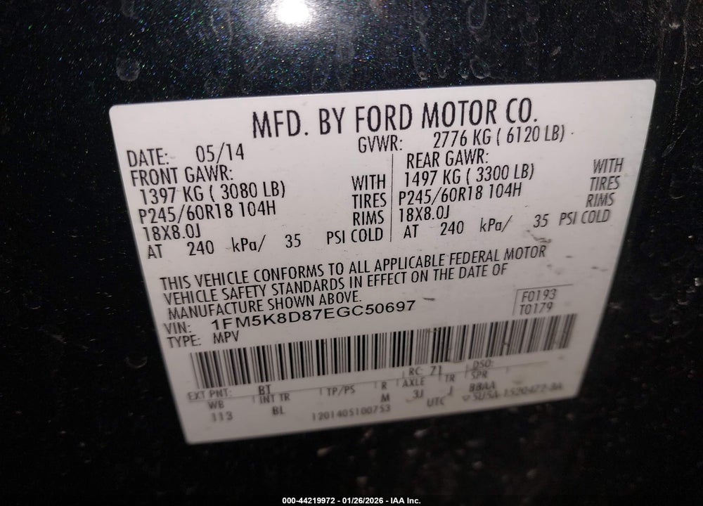 2014 FORD EXPLORER XLT VIN: 1FM5K8D87EGC50697