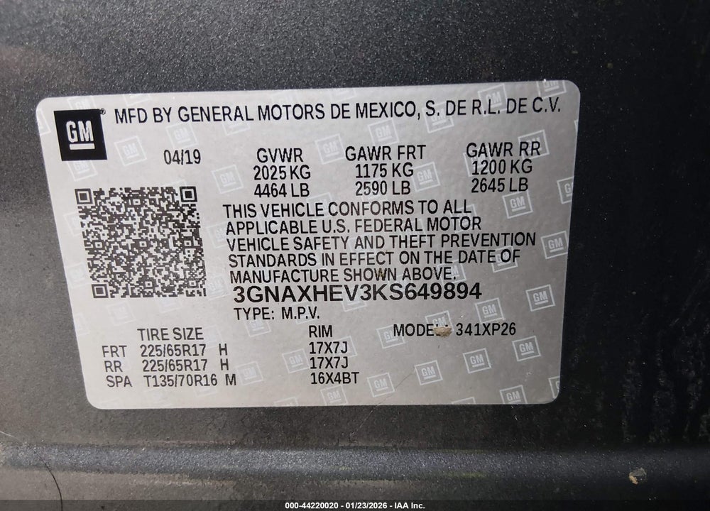 2019 CHEVROLET EQUINOX LS VIN: 3GNAXHEV3KS649894