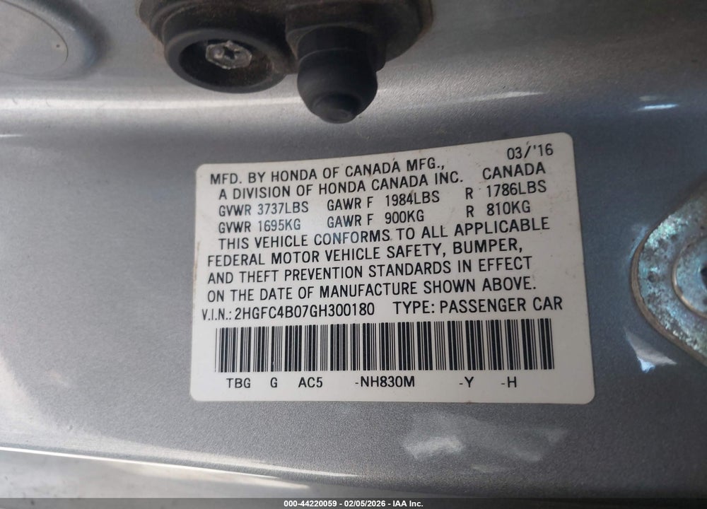 2016 HONDA CIVIC LX-P VIN: 2HGFC4B07GH300180