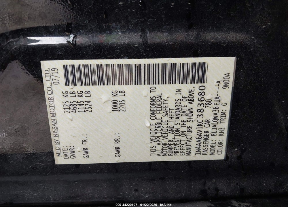 2019 NISSAN MAXIMA 3.5 S VIN: 1N4AA6AV1KC383680