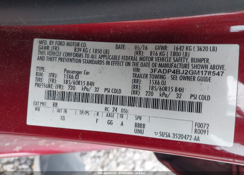 2016 FORD FIESTA SE VIN: 3FADP4BJ2GM178547