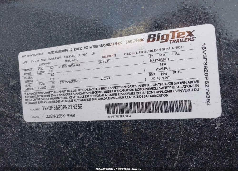 2023 BIG TEX TRAILER CO INC FLATBED GOOSENECK VIN: 16V3F3820P6279352