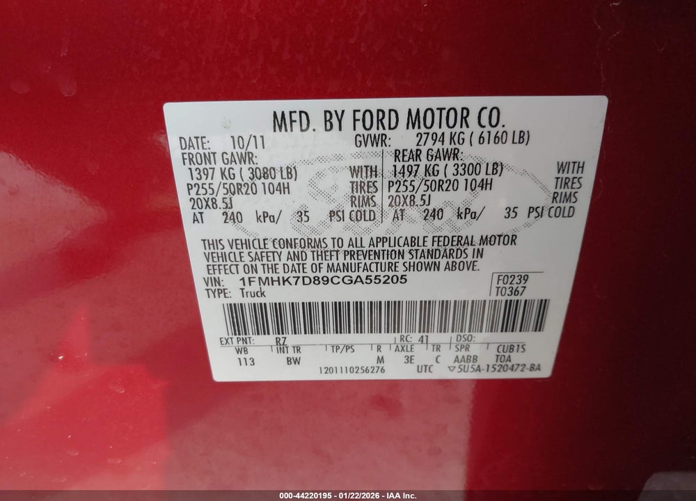 2012 FORD EXPLORER XLT VIN: 1FMHK7D89CGA55205