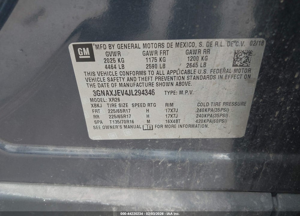 2018 CHEVROLET EQUINOX LT VIN: 3GNAXJEV4JL294346