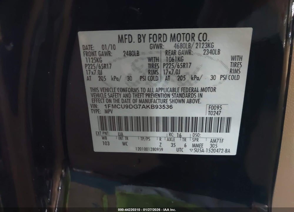 2010 FORD ESCAPE XLT VIN: 1FMCU9DG7AKB93536