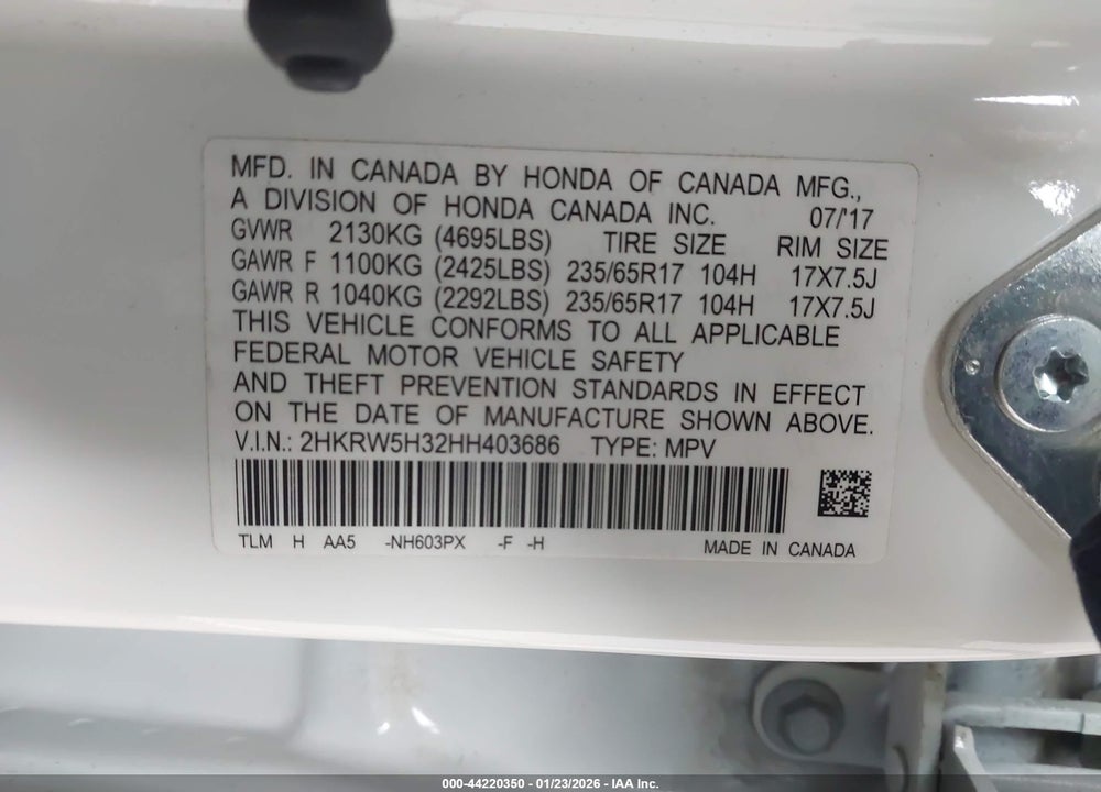 2017 HONDA CR-V LX VIN: 2HKRW5H32HH403686
