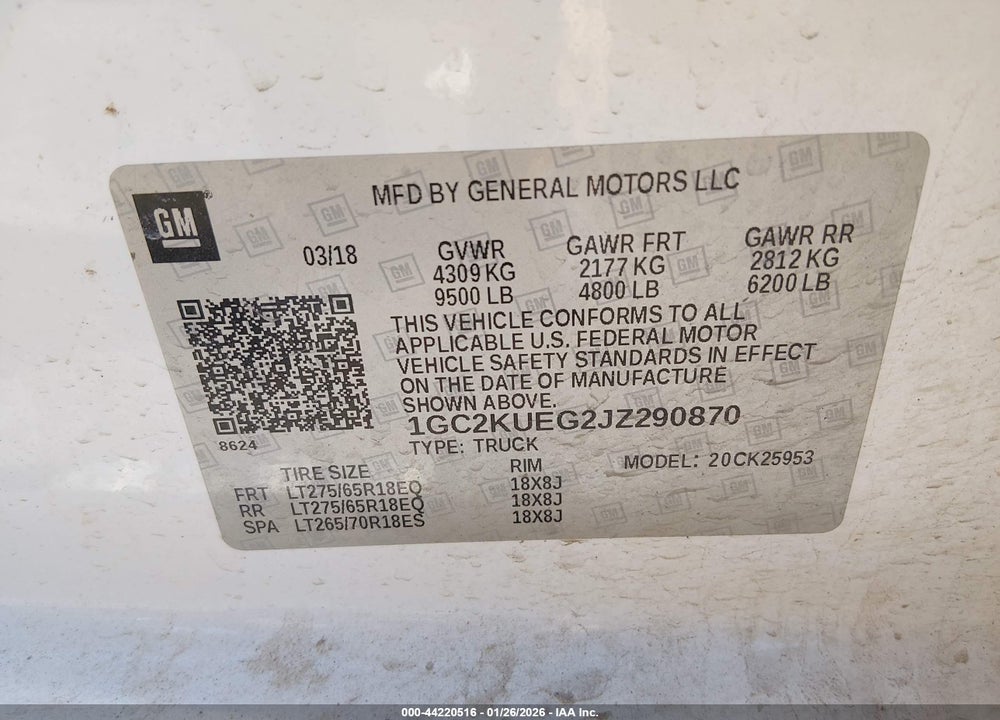 2018 CHEVROLET SILVERADO 2500HD WT VIN: 1GC2KUEG2JZ290870