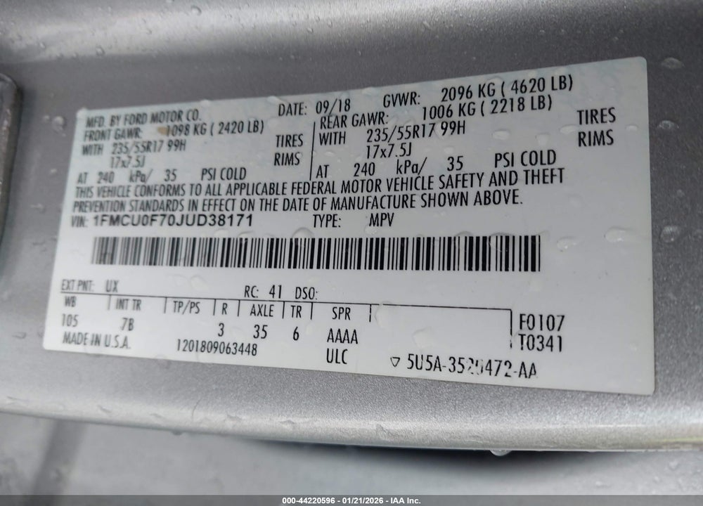 2018 FORD ESCAPE S VIN: 1FMCU0F70JUD38171