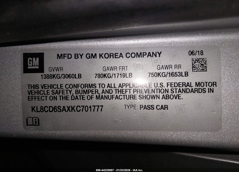 2019 CHEVROLET SPARK 1LT CVT VIN: KL8CD6SAXKC701777