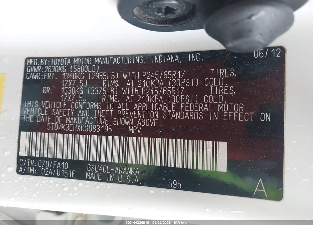 2012 TOYOTA HIGHLANDER BASE V6 VIN: 5TDZK3EHXCS083195
