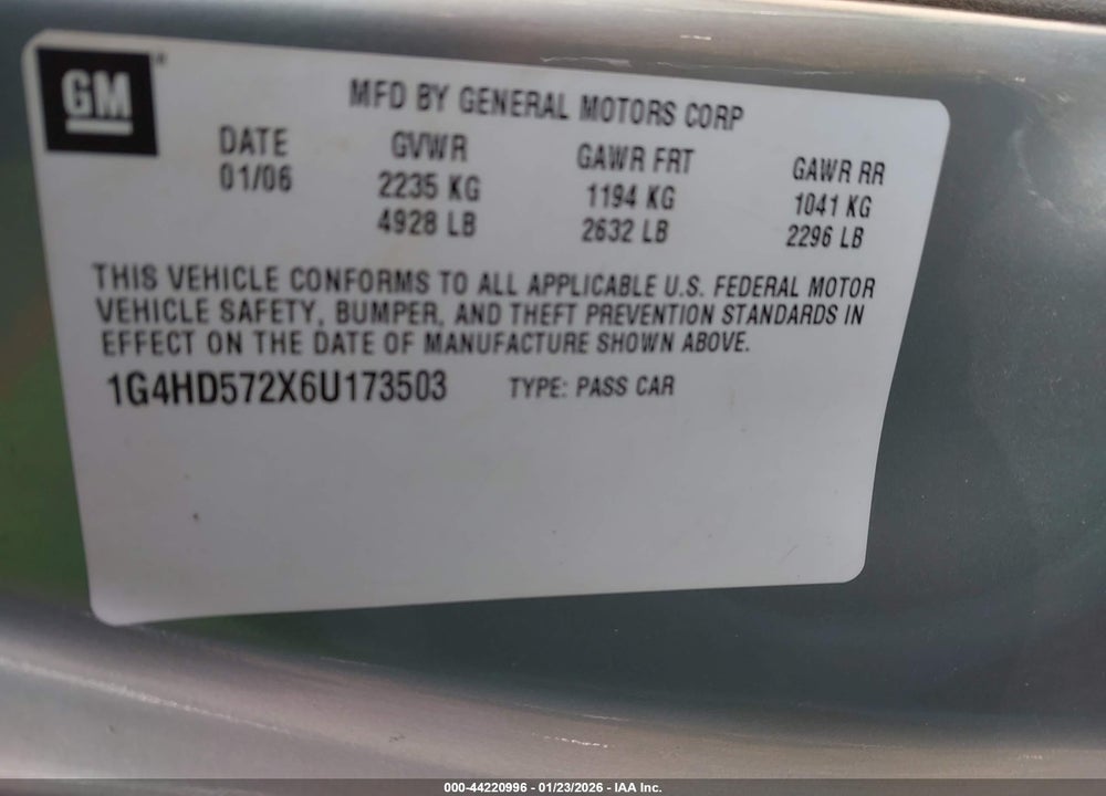 2006 BUICK LUCERNE CXL VIN: 1G4HD572X6U173503