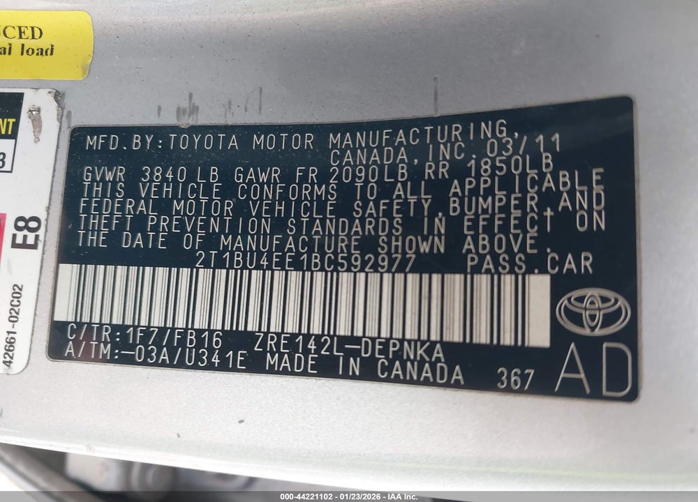 2011 TOYOTA COROLLA LE VIN: 2T1BU4EE1BC592977