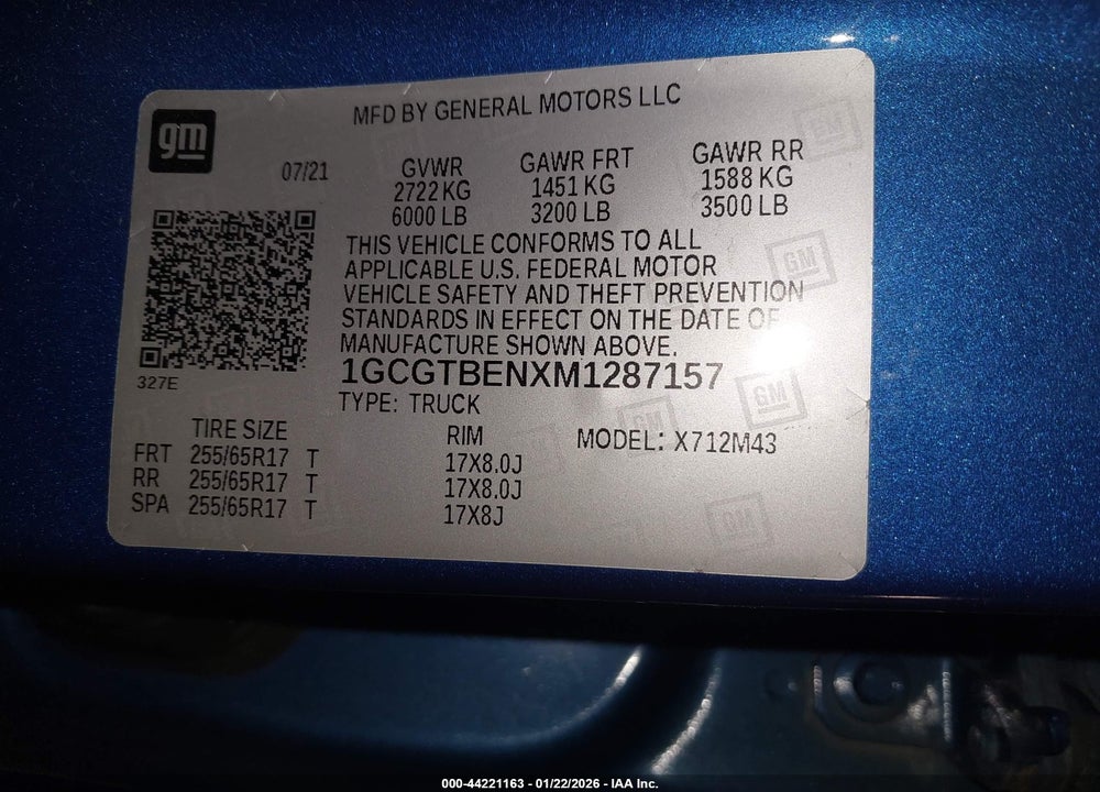 2021 CHEVROLET COLORADO 4WD  SHORT BOX WT VIN: 1GCGTBENXM1287157