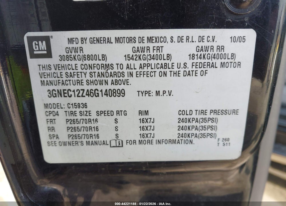 2006 CHEVROLET AVALANCHE 1500 LS VIN: 3GNEC12Z46G140899