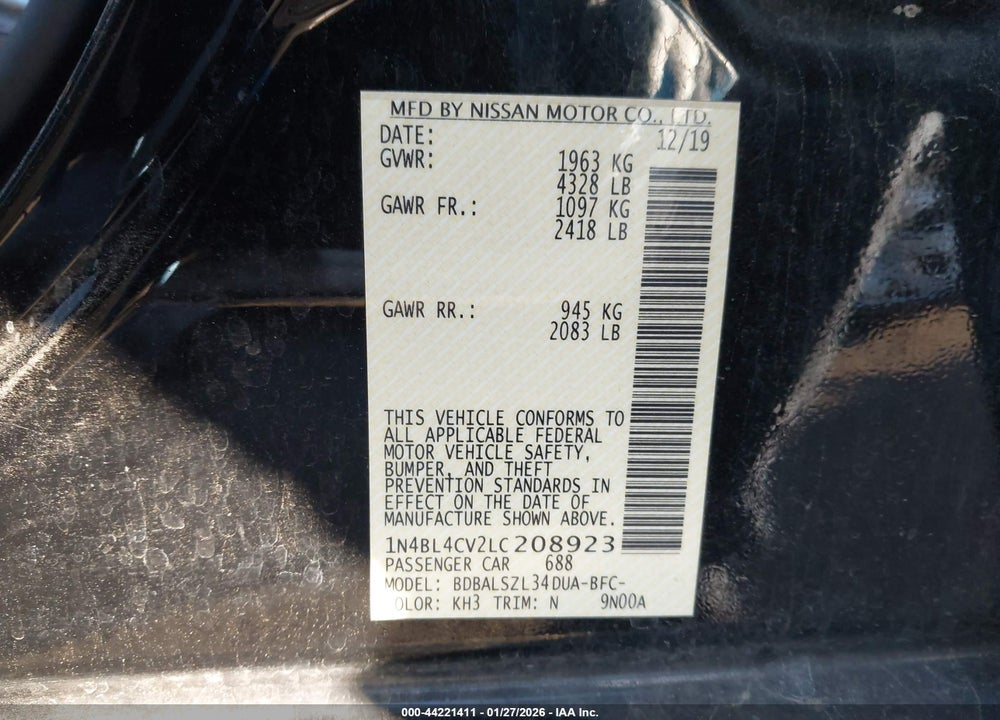 2020 NISSAN ALTIMA SR FWD VIN: 1N4BL4CV2LC208923