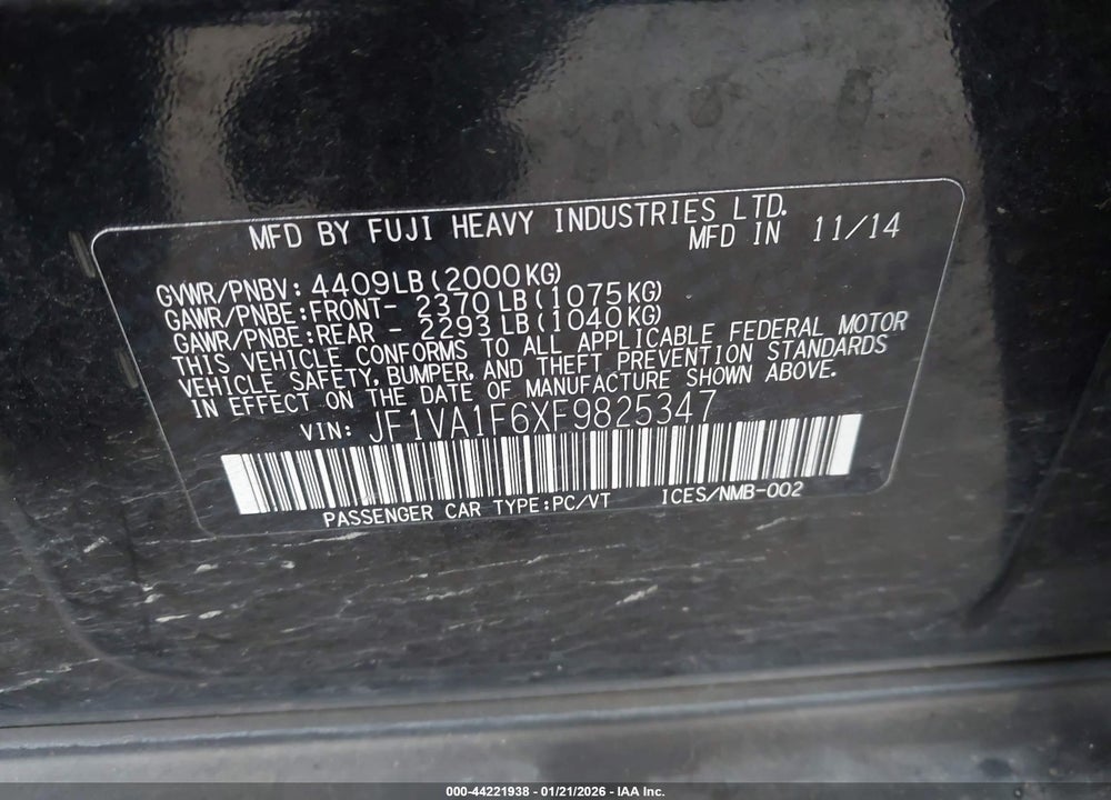 2015 SUBARU WRX PREMIUM VIN: JF1VA1F6XF9825347