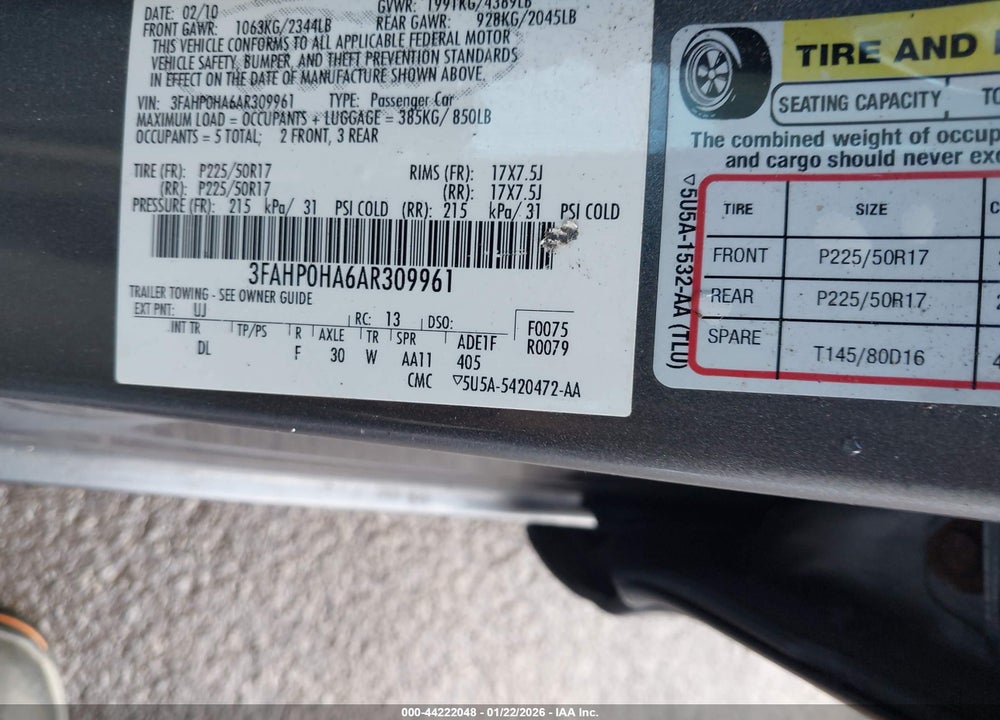 2010 FORD FUSION SE VIN: 3FAHP0HA6AR309961