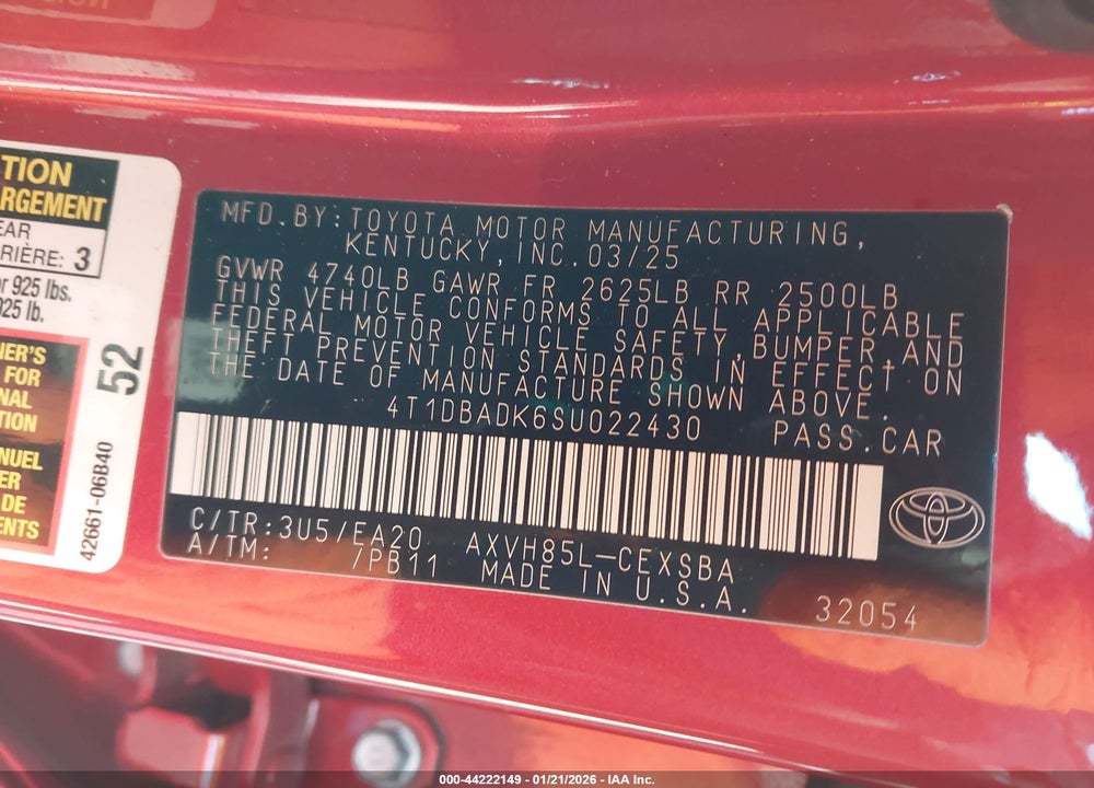 2025 TOYOTA CAMRY SE VIN: 4T1DBADK6SU022430