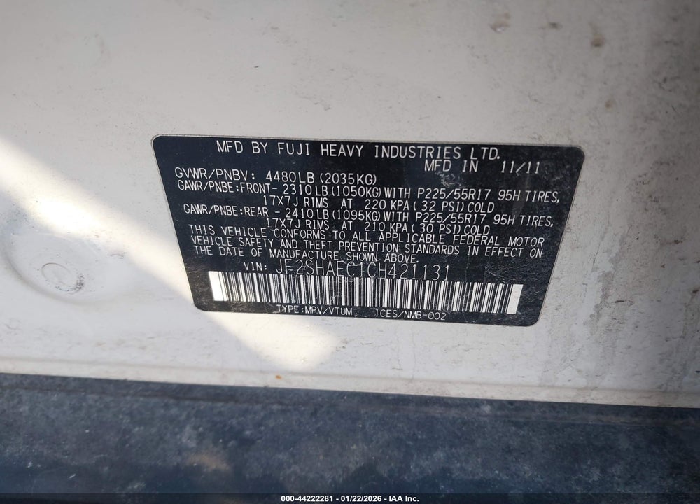 2012 SUBARU FORESTER 2.5X LIMITED VIN: JF2SHAEC1CH421131