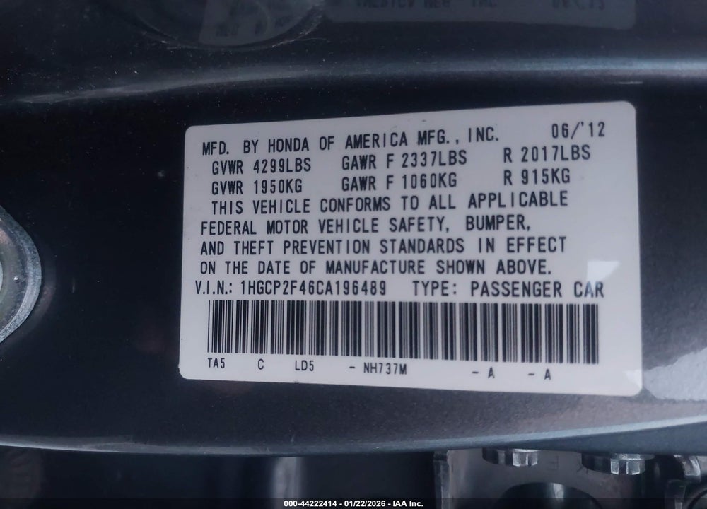 2012 HONDA ACCORD 2.4 LX-P VIN: 1HGCP2F46CA196489