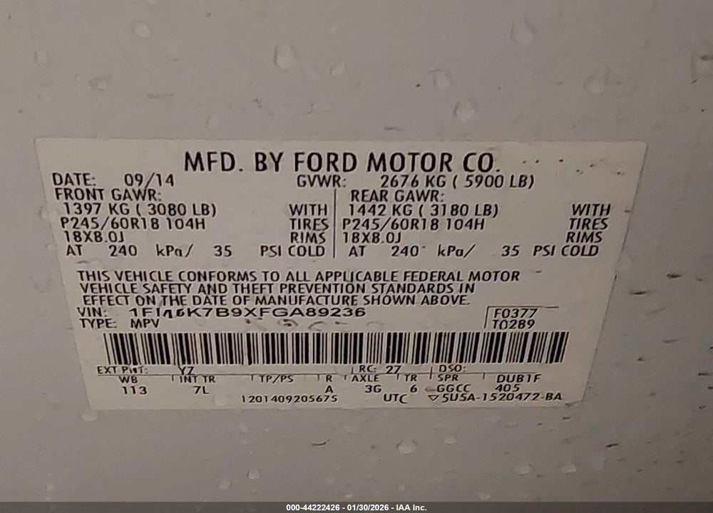 2015 FORD EXPLORER VIN: 1FM5K7B9XFGA89236