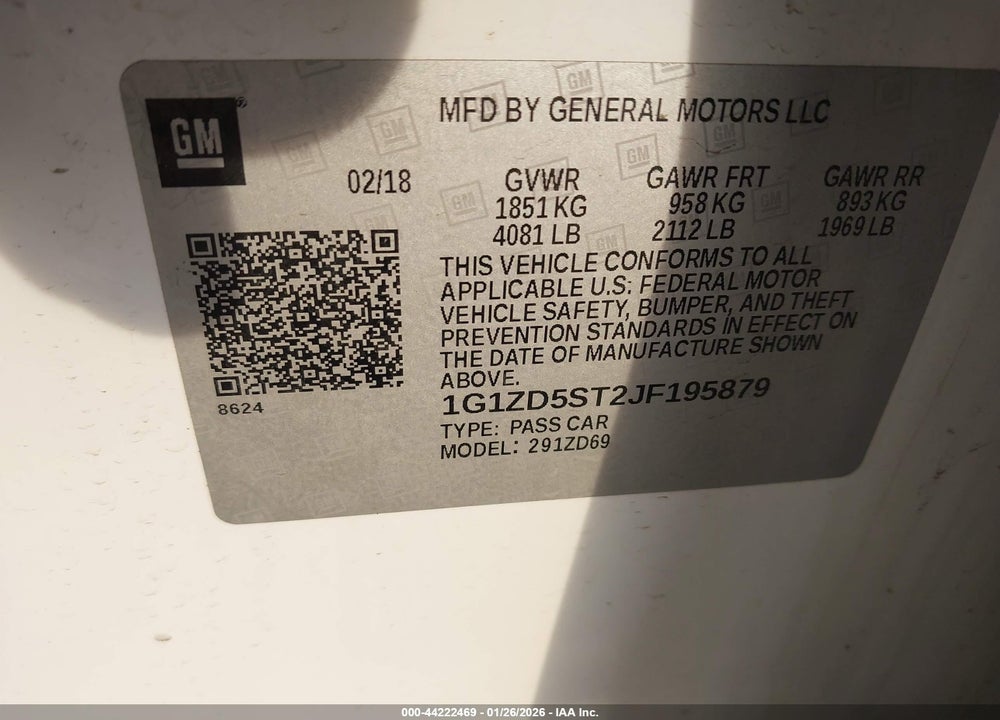 2018 CHEVROLET MALIBU LT VIN: 1G1ZD5ST2JF195879