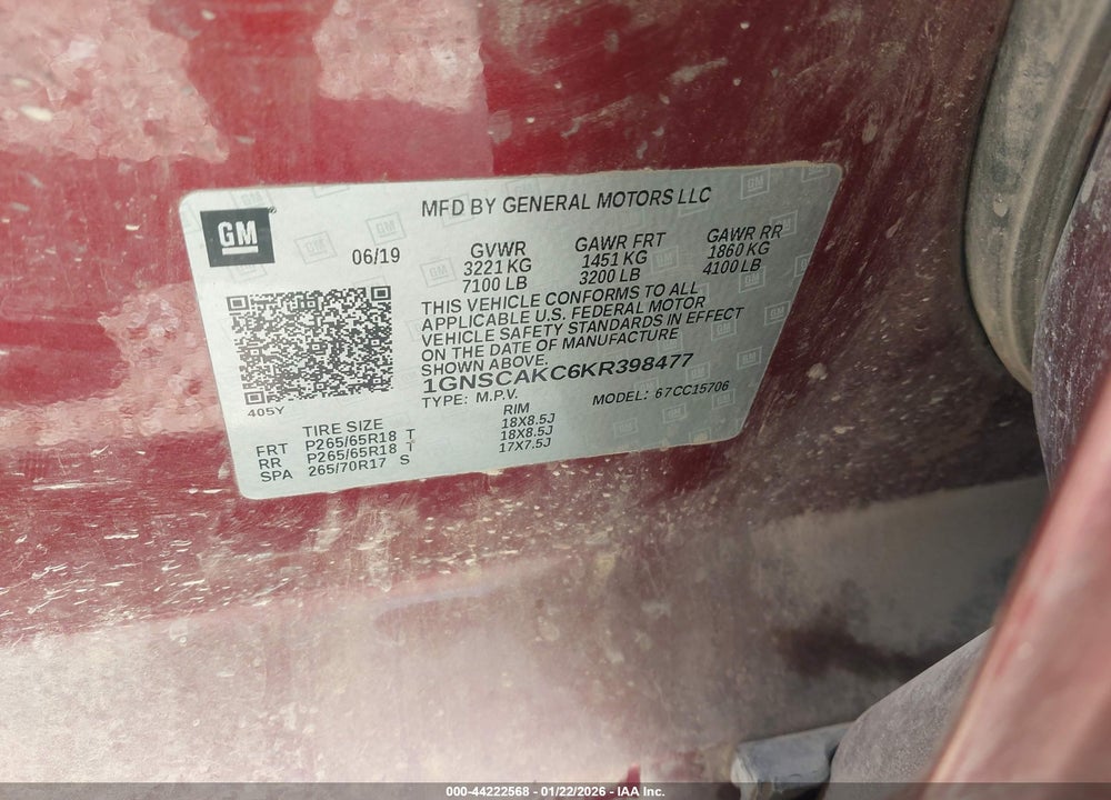 2019 CHEVROLET TAHOE C1500 LS VIN: 1GNSCAKC6KR398477