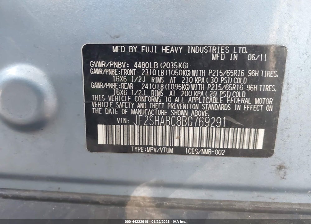 2011 SUBARU FORESTER 2.5X VIN: JF2SHABC8BG769291