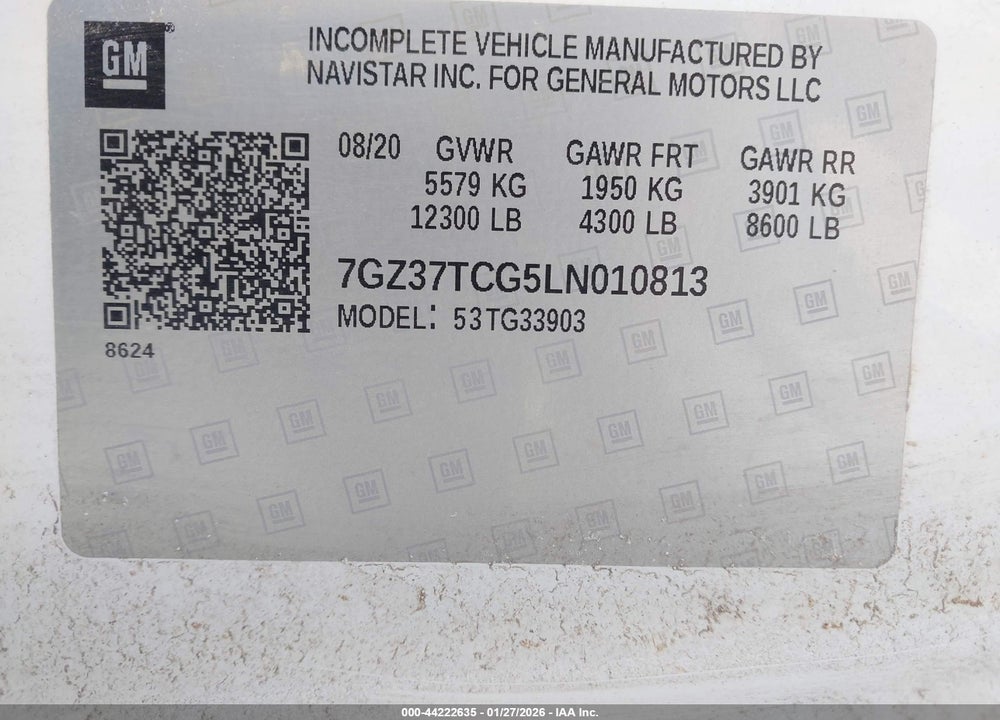 2020 GMC SAVANA CUTAWAY WORK VAN VIN: 7GZ37TCG5LN010813
