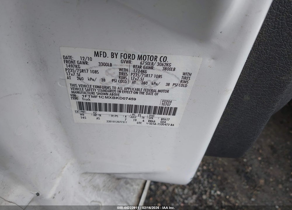 2011 FORD F-150 XL VIN: 1FTMF1CMXBKD07459