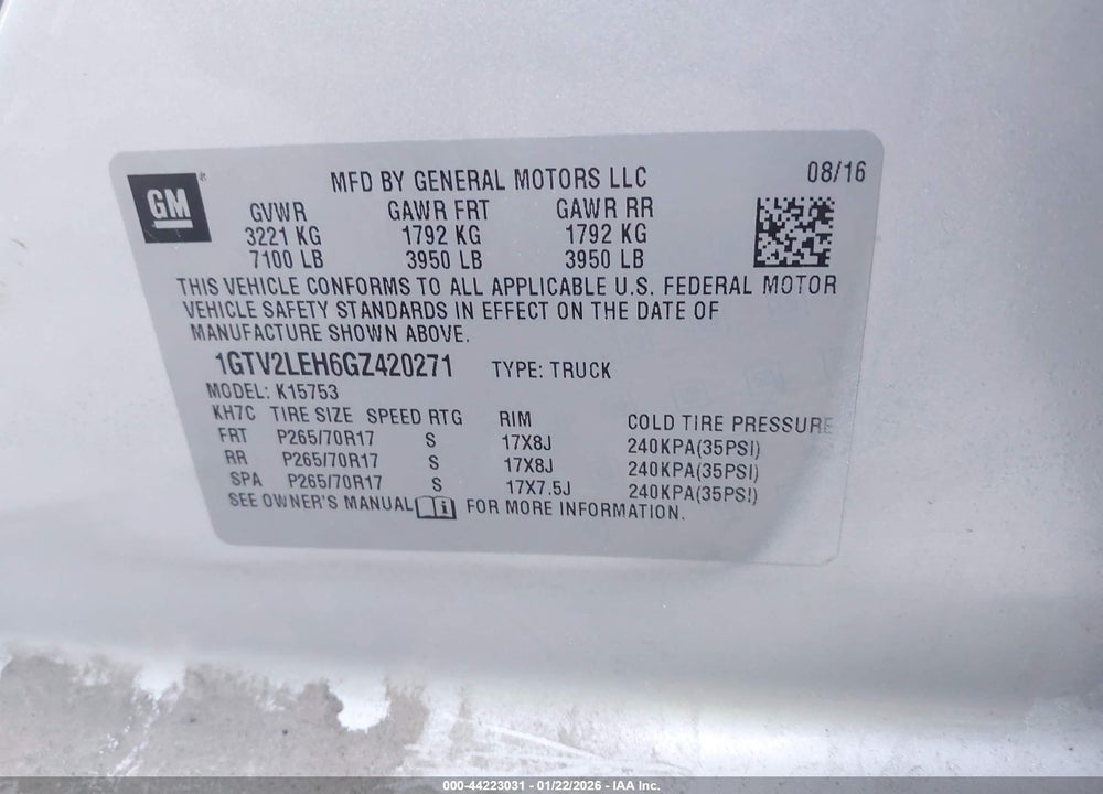 2016 GMC SIERRA 1500 VIN: 1GTV2LEH6GZ420271