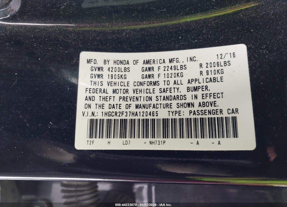 2017 HONDA ACCORD LX VIN: 1HGCR2F37HA120465