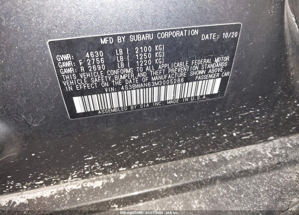 2021 SUBARU LEGACY LIMITED VIN: 4S3BWAN63M3005286