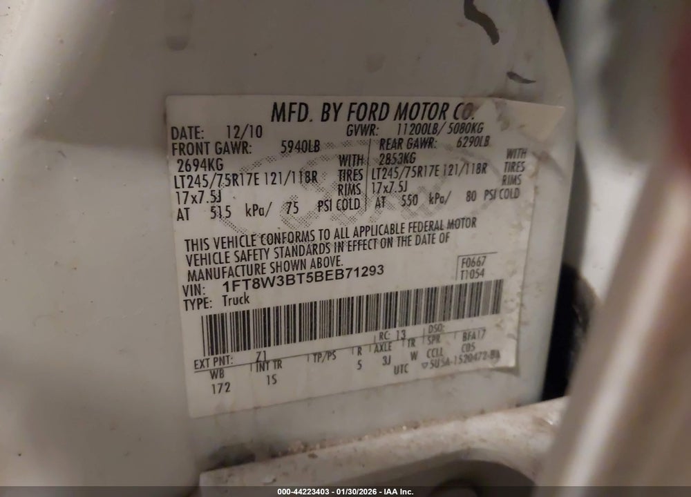 2011 FORD F-350 XL VIN: 1FT8W3BT5BEB71293