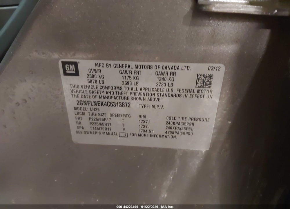 2012 CHEVROLET EQUINOX 2LT VIN: 2GNFLNEK4C6313872