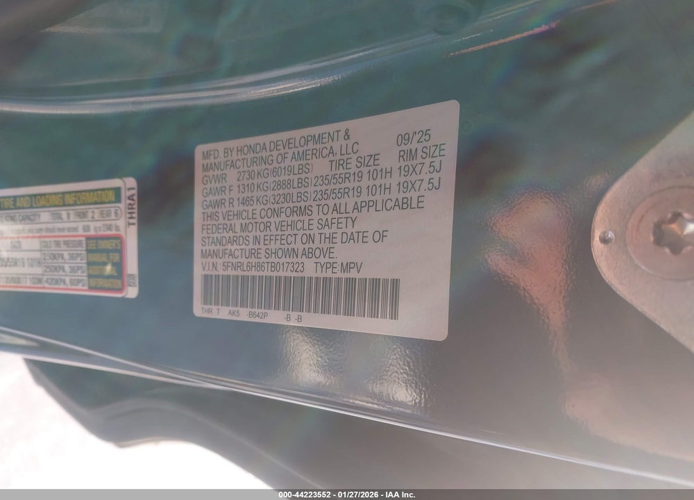 2026 HONDA ODYSSEY TOURING VIN: 5FNRL6H86TB017323