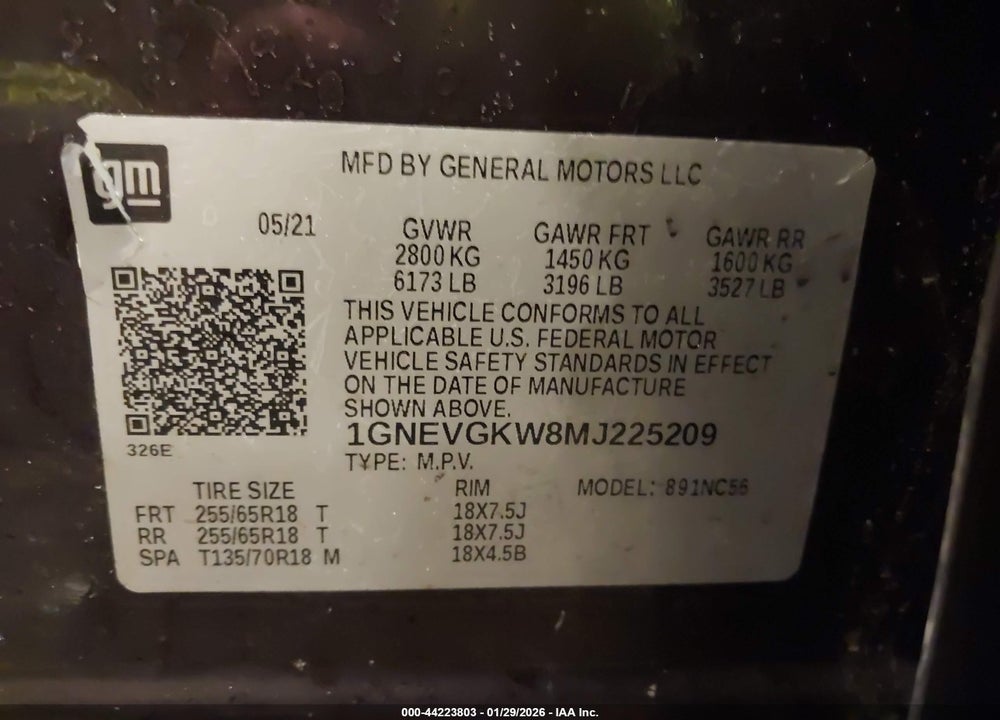 2021 CHEVROLET TRAVERSE AWD LT CLOTH VIN: 1GNEVGKW8MJ225209