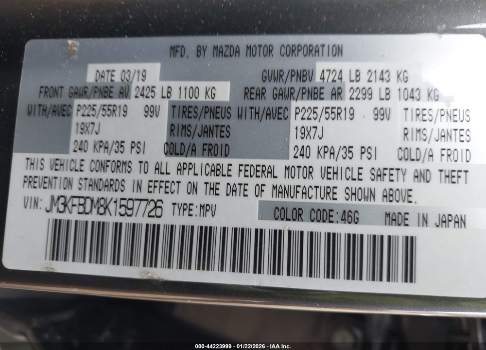 2019 MAZDA CX-5 GRAND TOURING VIN: JM3KFBDM8K1597726