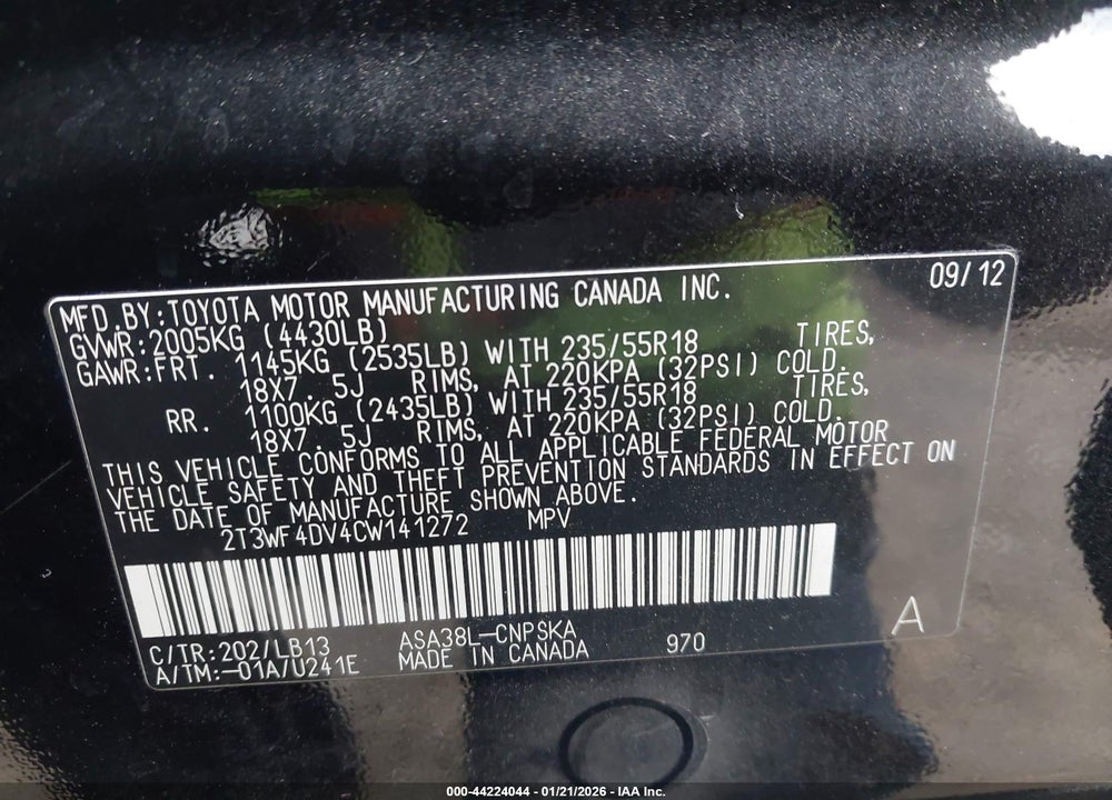 2012 TOYOTA RAV4 SPORT VIN: 2T3WF4DV4CW141272