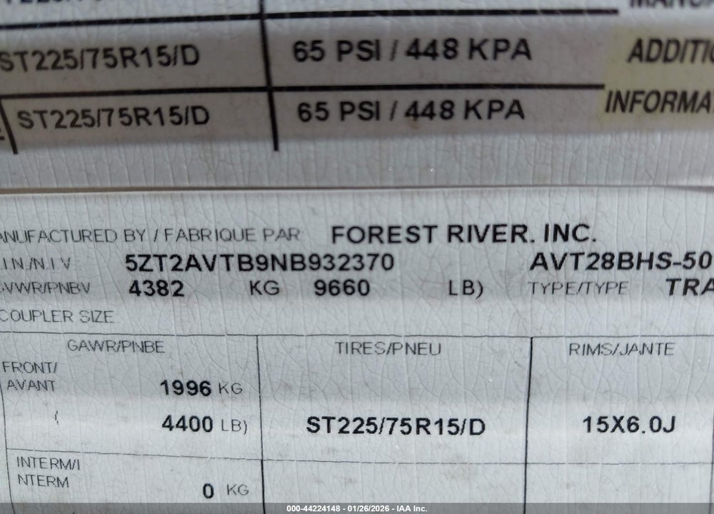 2022 AVENGER M-28 BHS VIN: 5ZT2AVTB9NB932370