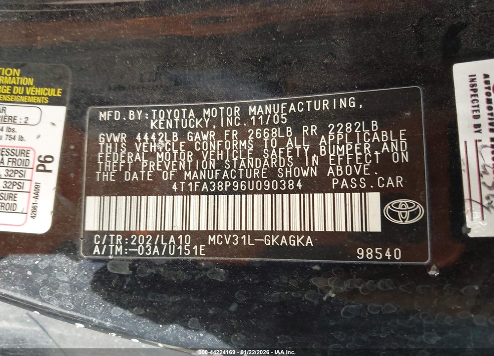 2006 TOYOTA CAMRY SOLARA SLE VIN: 4T1FA38P96U090384