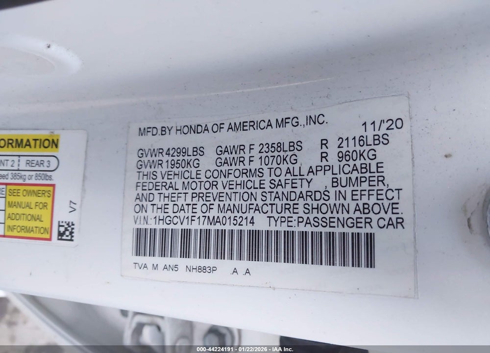 2021 HONDA ACCORD LX VIN: 1HGCV1F17MA015214