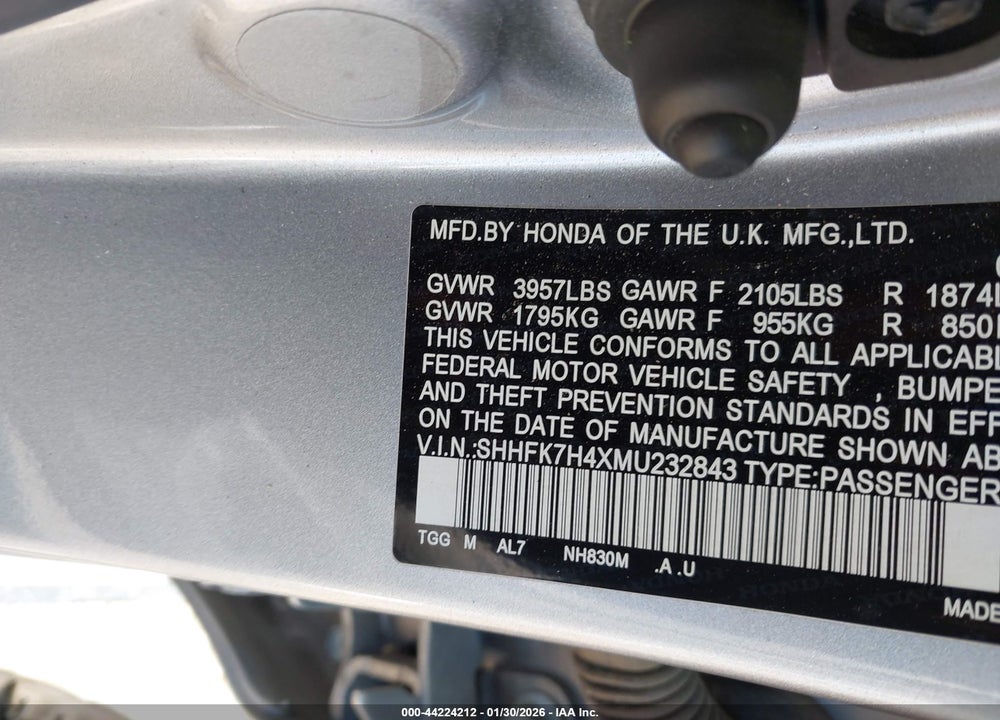 2021 HONDA CIVIC SPORT VIN: SHHFK7H4XMU232843