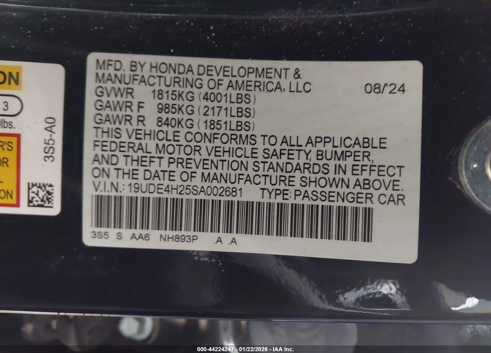 2025 ACURA INTEGRA VIN: 19UDE4H25SA002681
