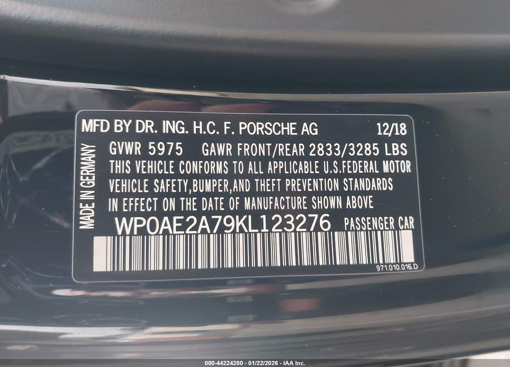 2019 PORSCHE PANAMERA E-HYBRID 4 VIN: WP0AE2A79KL123276