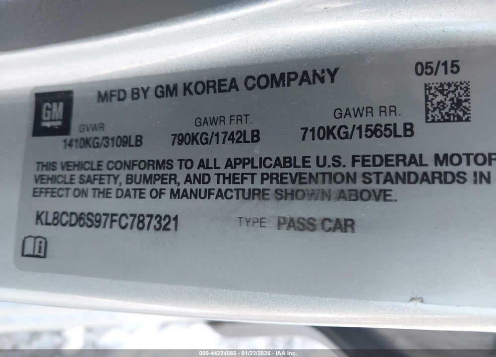 2015 CHEVROLET SPARK 1LT CVT VIN: KL8CD6S97FC787321