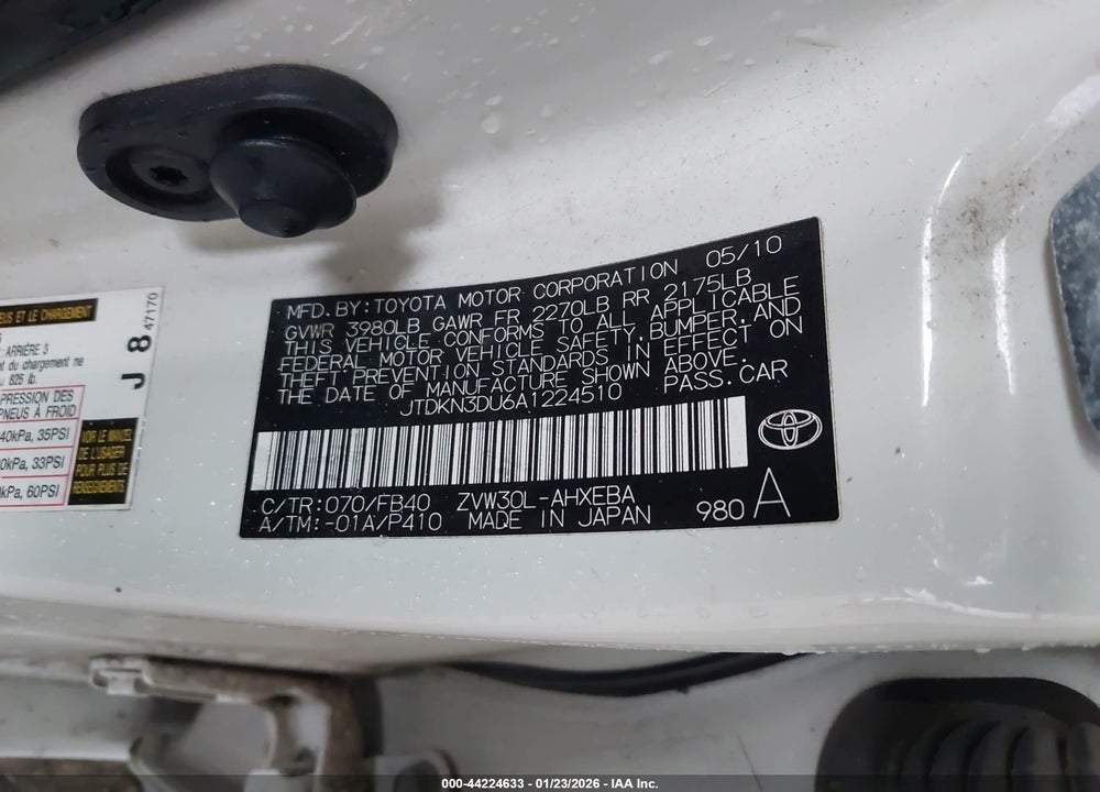 2010 TOYOTA PRIUS III VIN: JTDKN3DU6A1224510