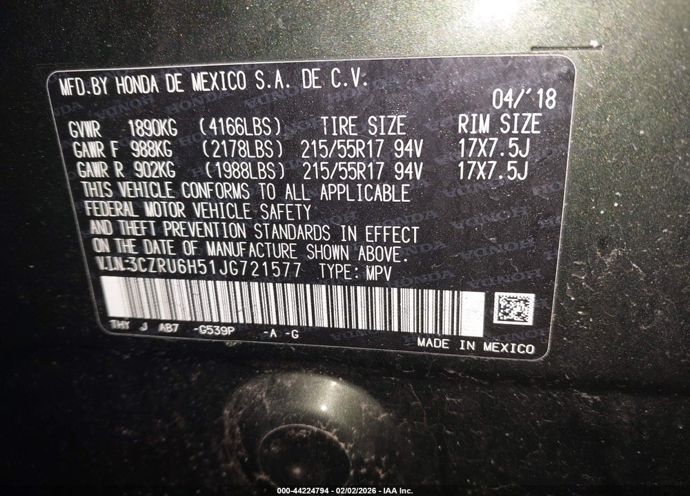 2018 HONDA HR-V EX VIN: 3CZRU6H51JG721577