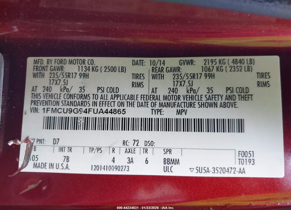 2015 FORD ESCAPE SE VIN: 1FMCU9G94FUA44865